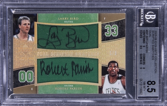2005-06 UD "Exquisite Collection" Dual Scripted Swatches #BP Larry Bird/Robert Parish Dual Signed Jersey Card (#1/5) - BGS NM-MT+ 8.5/BGS 9